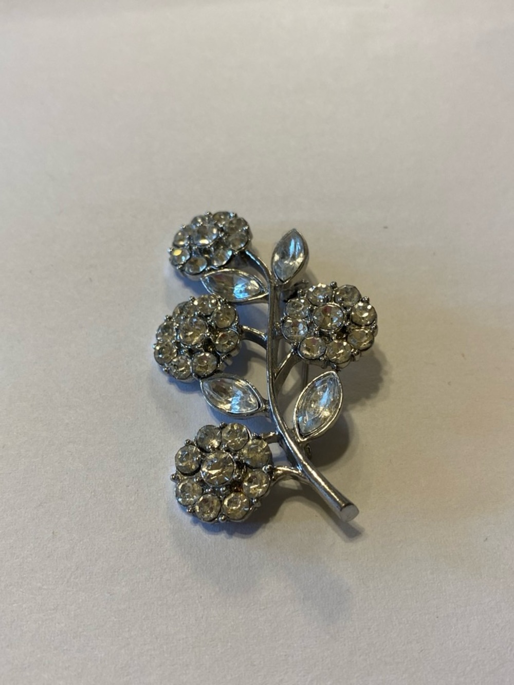 Crystal Floral Branch Brooch - Silver Tone